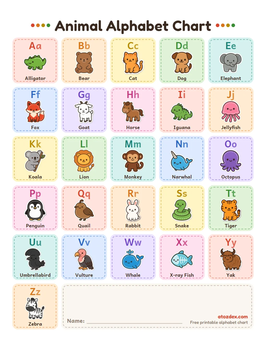 Animal alphabet chart, with words, one page, page 1 preview
